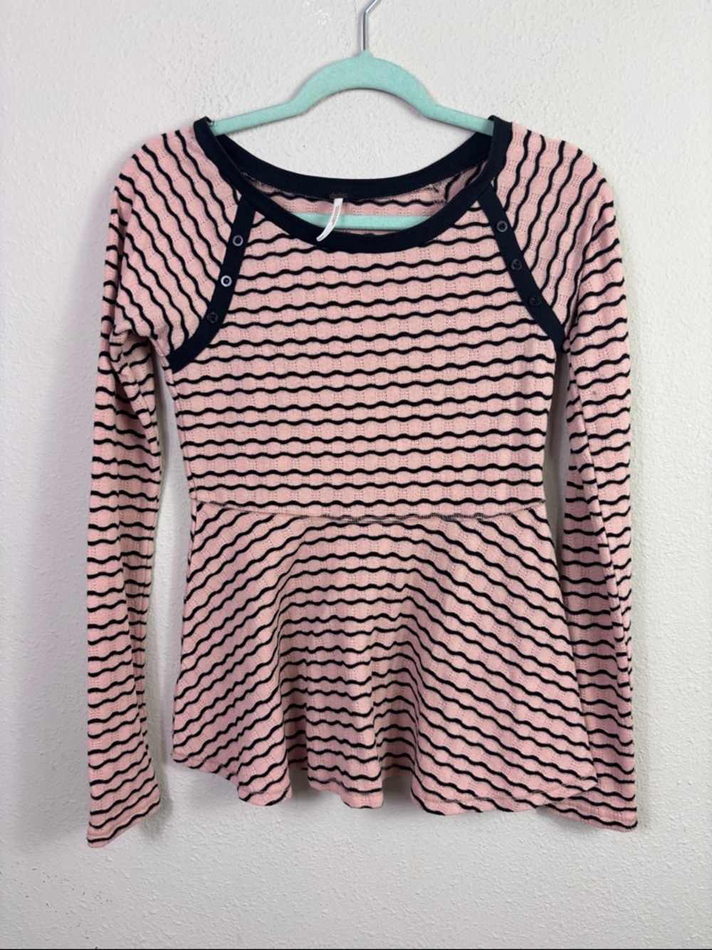 Free People Dusty Pink Black Striped Peplum Top Long Sleeve size Small